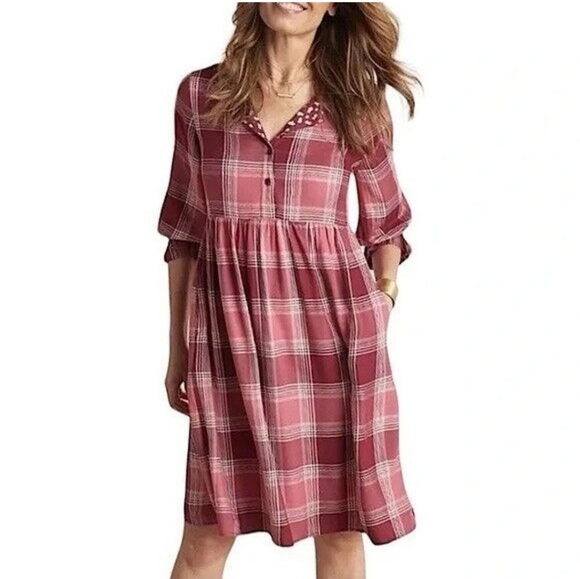 NWT Matilda Jane | Red Pink Plaid Long Sleeve Dress Buttons to Waist Size Small - Picture 2 of 9